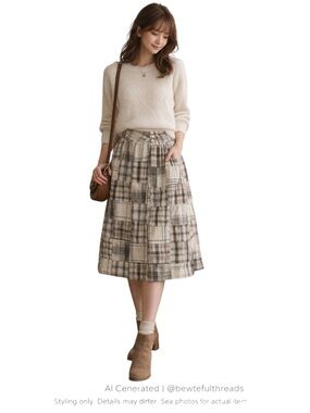 Patchwork Plaid Cottagecore Midi Skirt Lined Pockets Button Waist M
